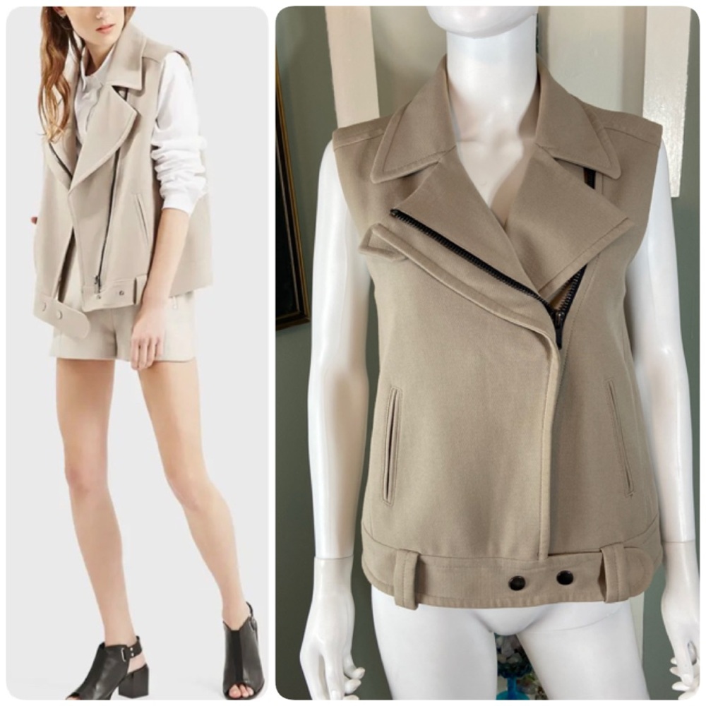 Topshop Beige/Gray Biker Moto Sleeveless Jacket Motorcycle Vest Women Size 2